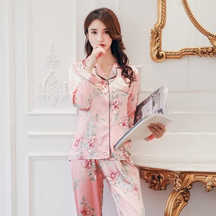 Pyjama pyjama satin femme nuisette sexy pijama pyjamas hiver chaud survetement ensemble automne a manches longues pink flower Blanc Cdiscount Pret a Porter