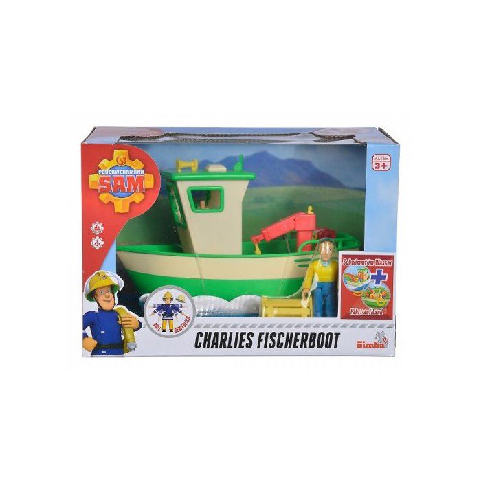 Sam Le Pompier - Coffret Bateau de Peche de Charlie - Avec Grue et Treuil fonctionnels - Figurine accessoires - Set Jouet + Carte