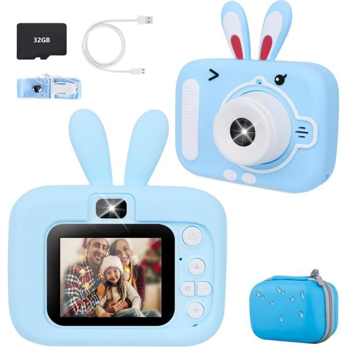 Appareil Photo Enfant 2.0 Pouces – 1080P, Selfie, 28 Cadres, 5 Jeux, 32Go, Rechargeable – Cadeau 3-12 Ans (bleu)