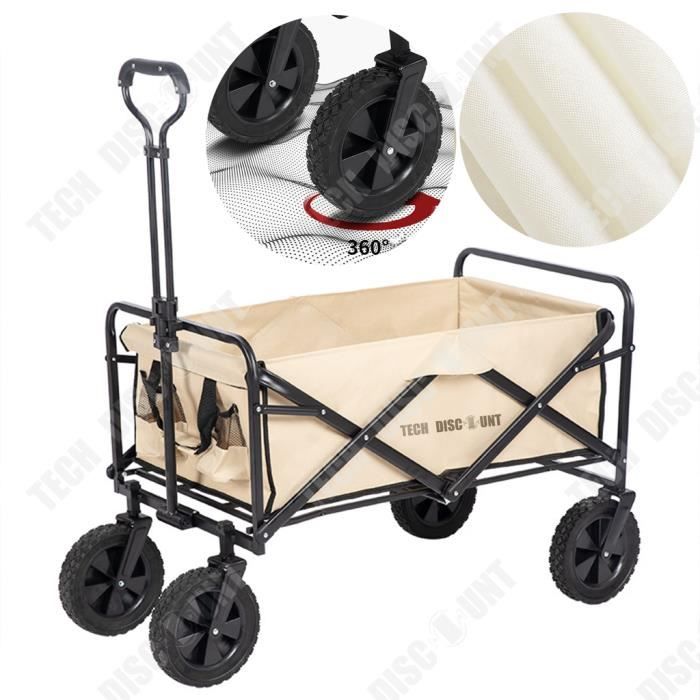 Chariot De Camping Pliable 150 Kg - Roues 12 Cm - Tissu Oxford - Poignée Réglable - Plage, Jardin