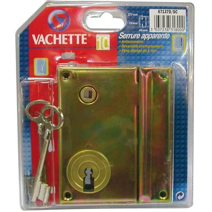 Serrure grille verticale VACHETTE - 2 clés - droite - Coffre en acier zingué jaune - Anticorrosion 