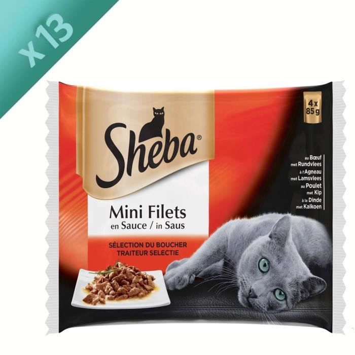 SHEBA Mini filets sachets fraîcheur en sauce - 4 variétés - Pour chat - 4 x 85 g (x13)