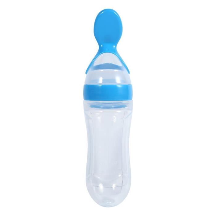 90 ml Biberon Silicone Tout-petit bébé avec une cuillère aliments frais Feeder céréales Squeeze (Blue)-CY
