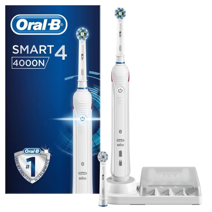 Brosse à Dents Électrique Oral-B Smart 4 Rechargeable avec 1 Manche Connecté Bluetooth et 2 Brossettes, 5 Modes Dont Blancheur