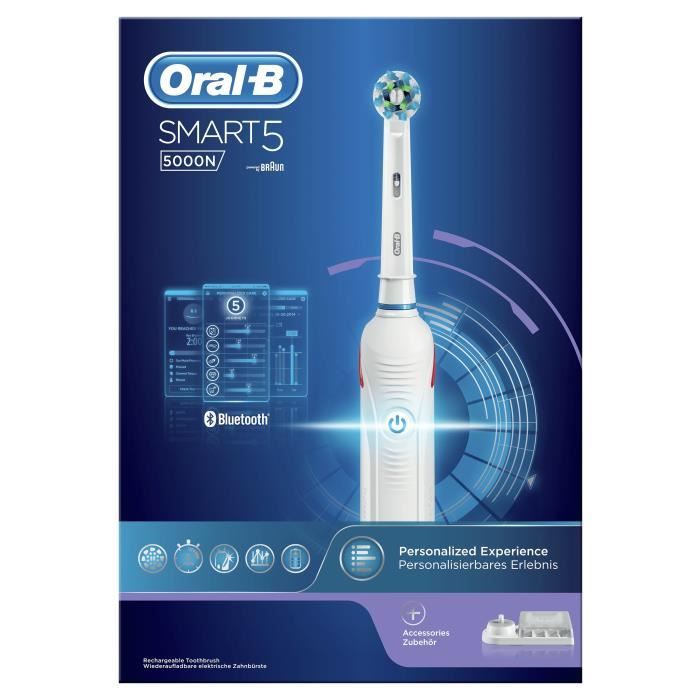 Oral-B PRO 5000 Brosse à Dents Électrique Rechargeable, 1 Manche Connecté Bluetooth, Bleu, 2 Brossettes et 1 Étui de Voyage Offert