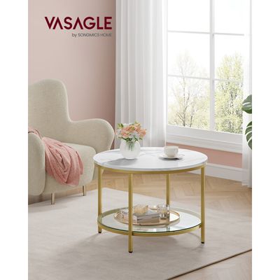 Table Basse Ronde Liink1Ga - Plateau Marbre Synthétique Blanc, Pied Doré Champagne - 80x80x45 Cm
