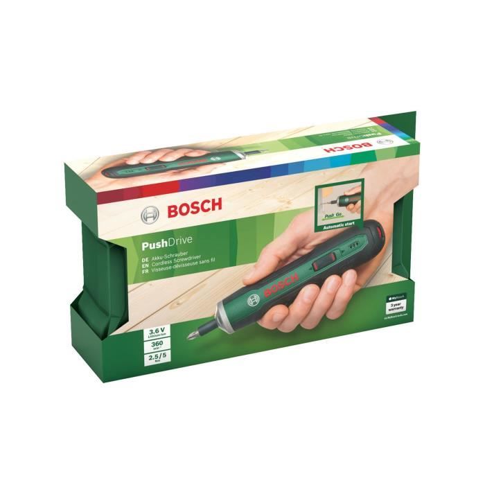 Bosch PushDrive Visseuse Sans Fil 3.6V 1.5Ah – Recharge Micro USB, Fonction Push&Go, 32 Embouts + Boîte, Idéale Petits Travaux Maison