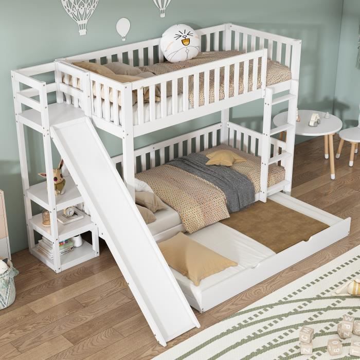 DRIPEX Lit Superposé Lit Triple 90x200cm,Lit Enfant Avec Toboggan,Étagère Ouverte,Lit Maison Avec Toit,Pin+MDF,Blanc - Maison