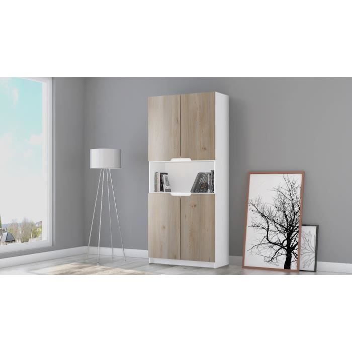 Vladon Armoire de bureau Rangement Logan V2 Corps en Blanc mat Façades en Chêne Nordique