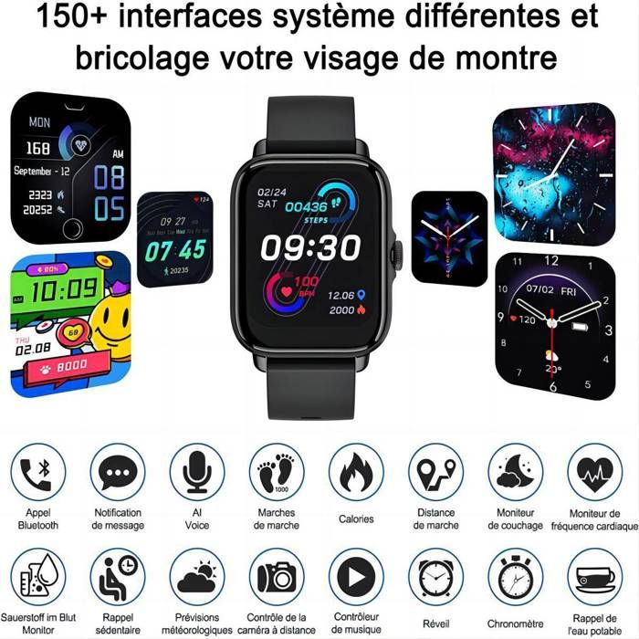 Montre Connectee Homme Femmes Intelligente Sport Etanche IP68 Smartwatch Frequence Cardiaque pour iOS Android Telephone Noir Cdiscount Telephonie