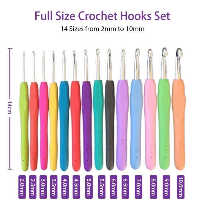 VMUTGA Aiguilles à Crochet Set, 14 Pièces Ensemble de Crochet à Tricoter En Fil Poignées en Caoutchouc Ergonomiques Extra Longues kits de Crochet pour Adultes Débutants, Cadeau Pour Femme Sœur