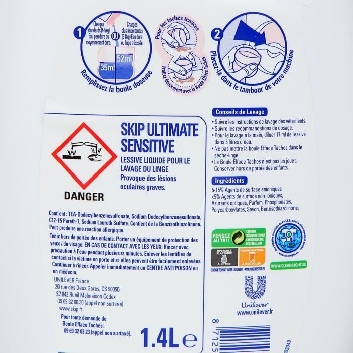 LOT DE 5 - SKIP - Ultimate Sensitive Aloe vera Lessive liquide concentrée  40 lav 3340396994642