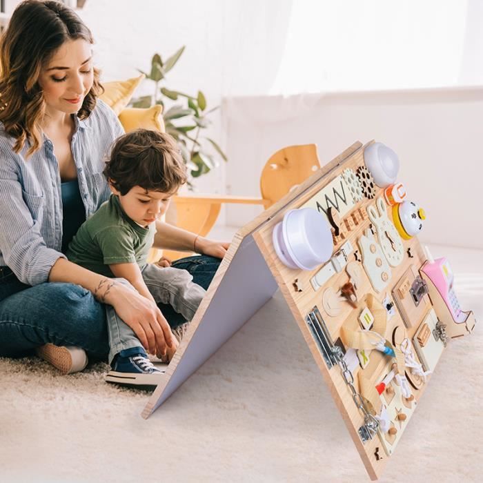 Planche Montessori SKIKHN – 5 Accessoires DIY (sablier, Bouton, Chaussure, Fermeture éclair, Boulier), En Bois, Sensoriel, Dès 1 An