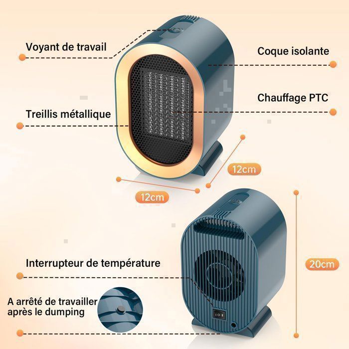 Chauffage D'appoint Céramique PTC 1500W - Thermostat, écran LED, Commande WiFi, Minuterie 12h - 7
