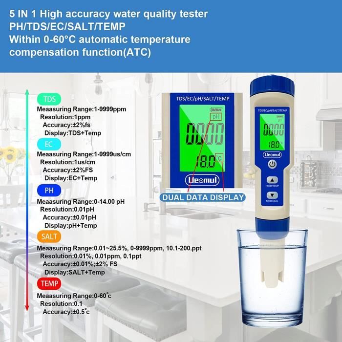 Testeur électronique Seenlin de PH-mètre, 5 en 1, thermomètre de poche,  qualité de l'eau, pH, EC, sel, TDS pour la maison, la piscine et l'eau d' aquarium