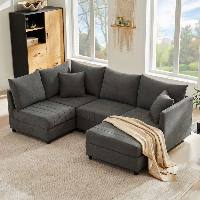 Canapé d'angle 5 places-Canapé modulaire-Coton et lin -repose-pieds ...
