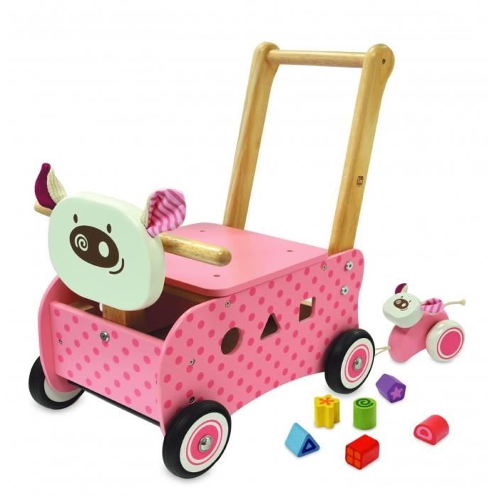 Pousseur porteur rose vache en bois Cdiscount Jeux Jouets