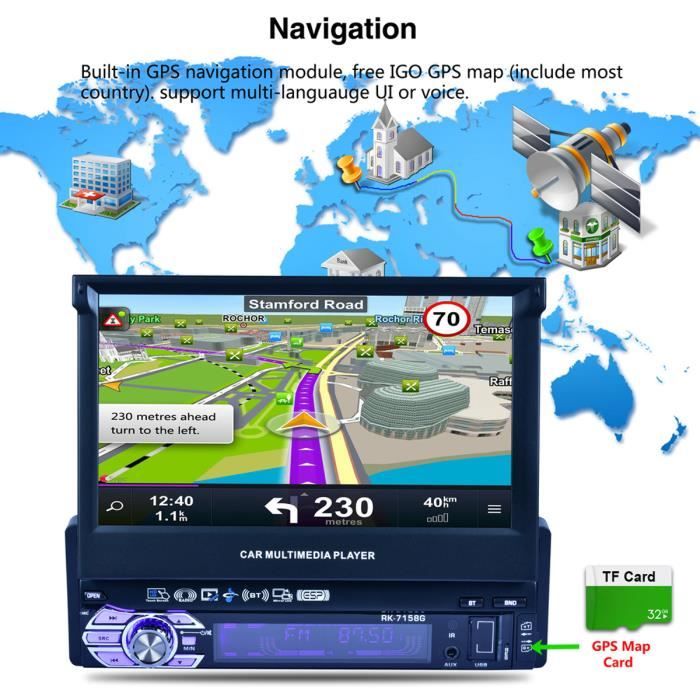 Letouch Autoradio Bluetooth Stéréo GPS 1Din 7'' Écran Auto Rétractable  Tactile 1080p Radio FM/AM/MP3/SD/USB+Caméra de Recul - Cdiscount Auto