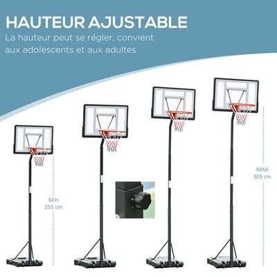 HOMCOM Panier De Basket Extérieur Ajustable – Hauteur 212-250 Cm, Sur Roulettes, Panneau Réglable 169-209 Cm, Base Lestée