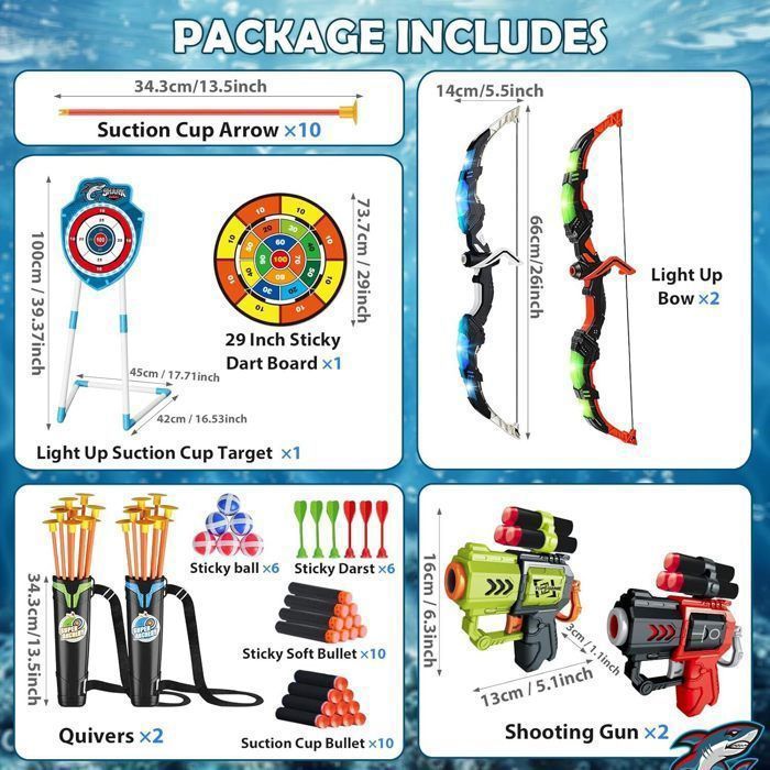 Set De Tir à L'arc 2-en-1 Pour Enfants – Arc Lumineux, 10 Flèches Ventouse, Carquois, Bouclier Et Cible – Cadeau Fille Garçon Dès 6 Ans