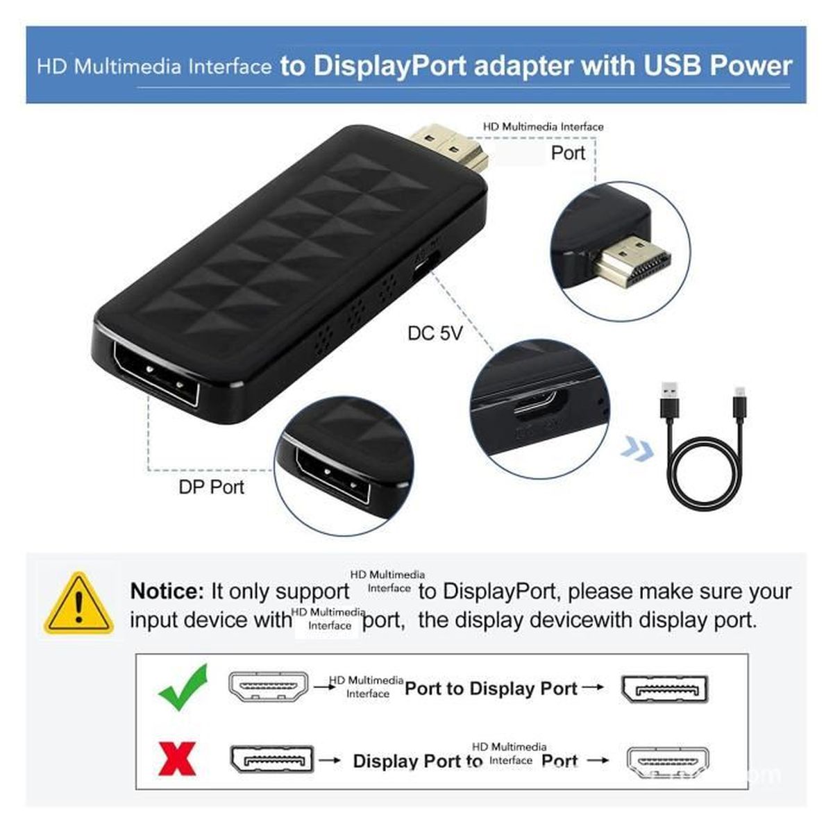 Adaptateur Mini DP Vers DP 8K à 60Hz Convertisseur Haute