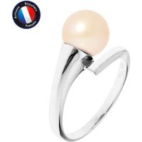 PERLINEA - Bague Véritable Perle de Culture d'Eau Douce Ronde 8-9 mm - Colori Rose Naturel - Or Blanc - Bijou Femme