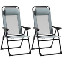 Lot de 2 chaises de jardin camping pliables - dossier inclinable 5 positions - tétière incluse - acier époxy oxford textilène gris