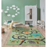 the carpet Happy Life - Tapis de jeu pour chambre d'enfant avec des rues et des animaux de la jungle mignons, vert, 100 x 200 cm