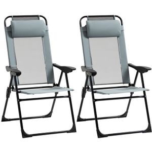 CHAISE DE CAMPING Lot de 2 chaises de jardin camping pliables - dossier inclinable 5 positions - tétière incluse - acier époxy oxford textilène gris