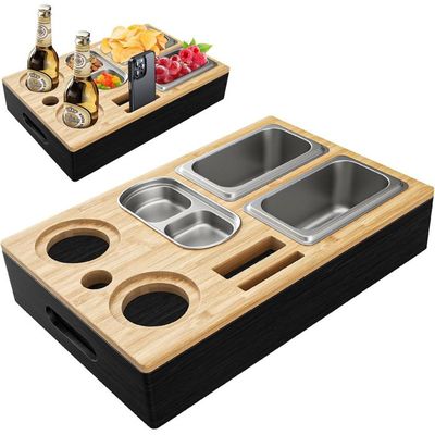Plateau Organisateur Pour Canapé En Bambou – Avec Porte-gobelets Et Compartiments – Pour Salon, Jardin, Camping - 2