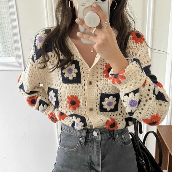 Gilet Cardigan Femme Haut en Crochet coreen pour femme Cardigan en tricot avec broderie de fleurs pull pour apricot cardigan Blanc Cdiscount Pret a Porter