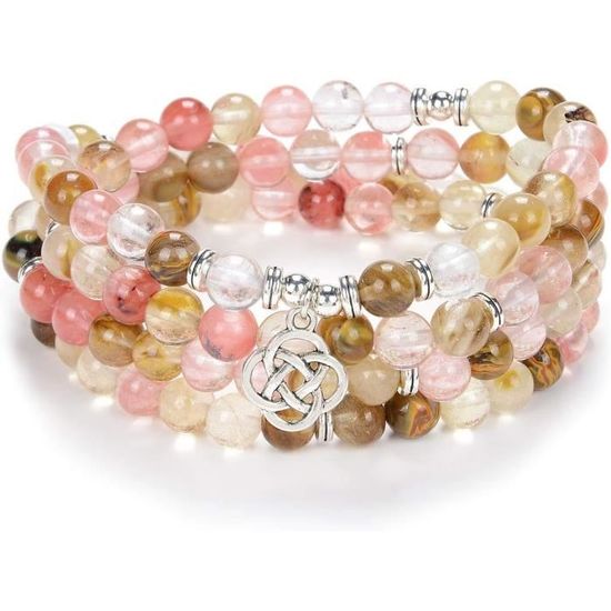 Bracelet Ou Collier Mala 108 Perles De Méditation - Pierre Labradorite Grise Avec Pendentif Noeud Celtique
