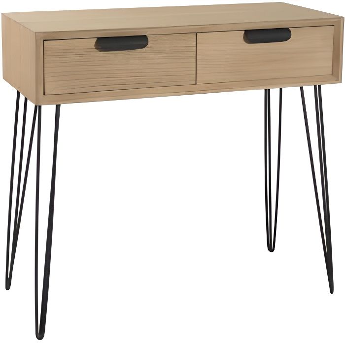 MACABANE EDITH - Console bois naturel 2 tiroirs pieds épingles métal noir
