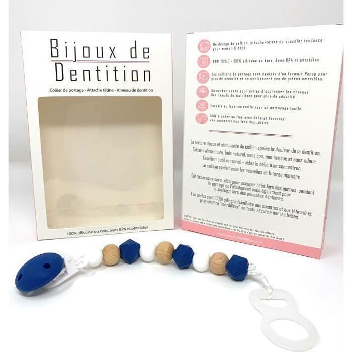 Attache-sucette silicone - Bois et Bleu marine - sans BPA ni phtalates - certifié en laboratoire français