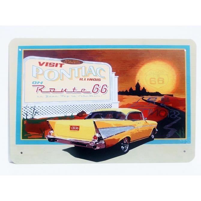 Plaque publicitaire vintage en métal PONTIAC ROUTE 66 ILLINOIS 30x20cm