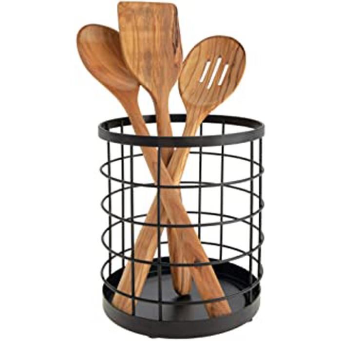 boite de rangement pour ustensiles de cuisine sur le plan de travail, range couverts rond en métal, bac à couverts, noir mat