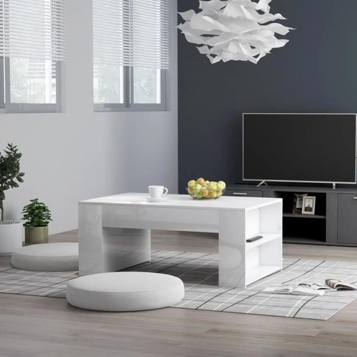 ��Table basse design industriel Table de Salon contemporain Cafén Blanc brillant 100x60x42 cm Aggloméré