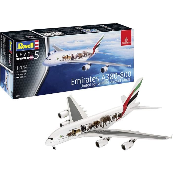 Kits de modélisme d'aéronautisme Revell 03882 Maquette d'avion Airbus A380–800 Emirates 'Wild Life', échelle : 1-144, Mu 139085