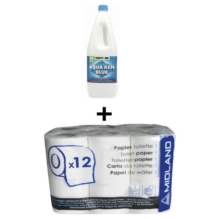 THETFORD Liquéfiant WC Chimique Aqua Kem bleu 2 Litres + Papier toilette WC chimique 12 rouleaux