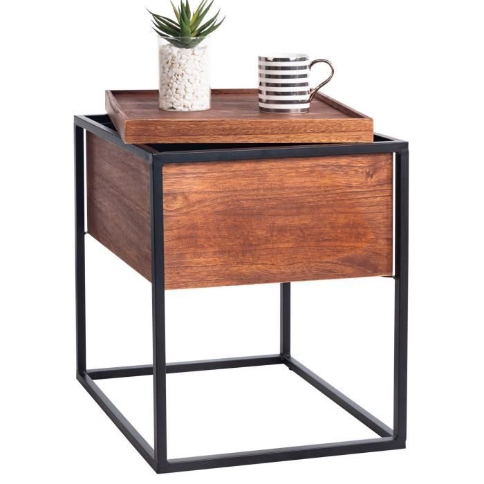 Table basse carré RAMIREZ avec compartiment de rangement table d'appoint en bois brun bout de canapé rétro vintage pied métal noir
