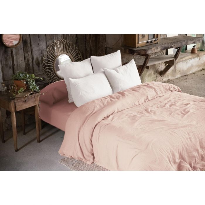 Pack Housse de couette double gaze de coton 240x220 cm 4 taies Rose/Blanc