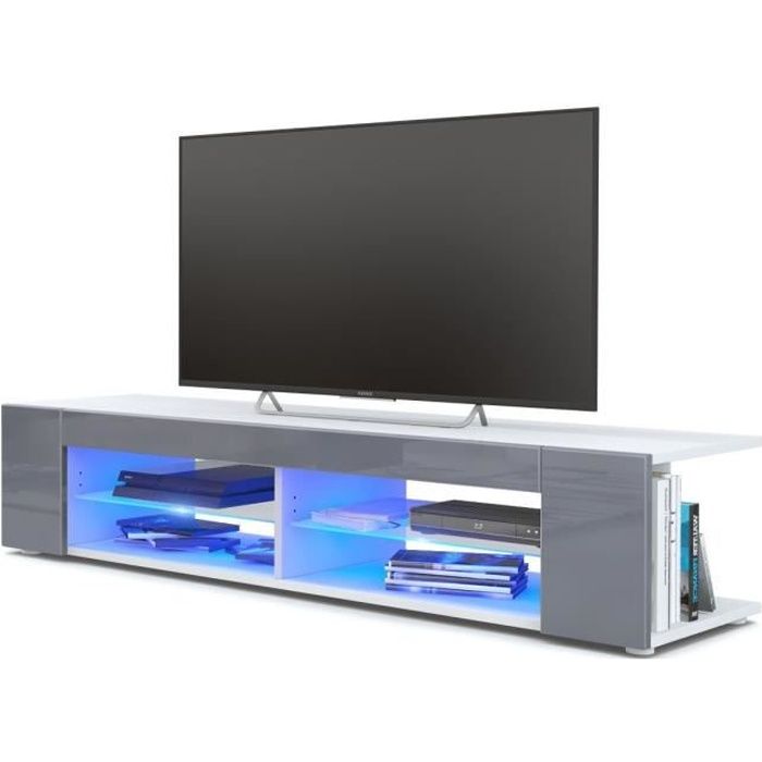 Meuble Tv blanc mat Façades en gris laquées led Bleu
