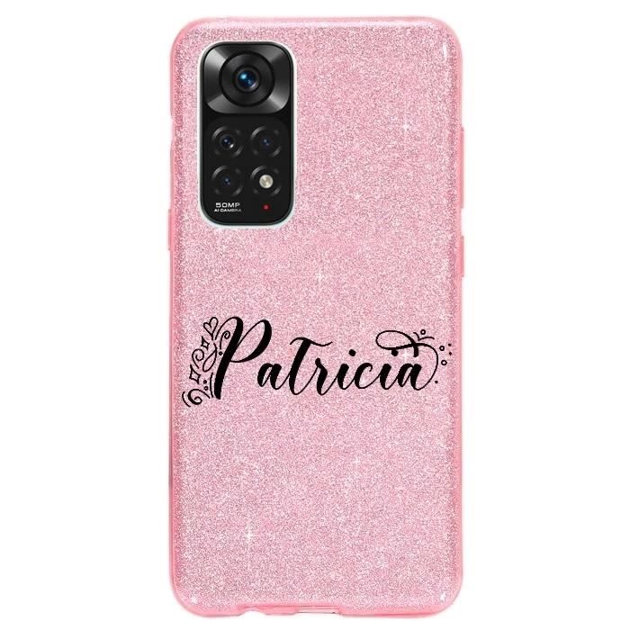 Coque Redmi Note 11 4G et 11S paillettes rose prenom 7 fleur et coeur noir