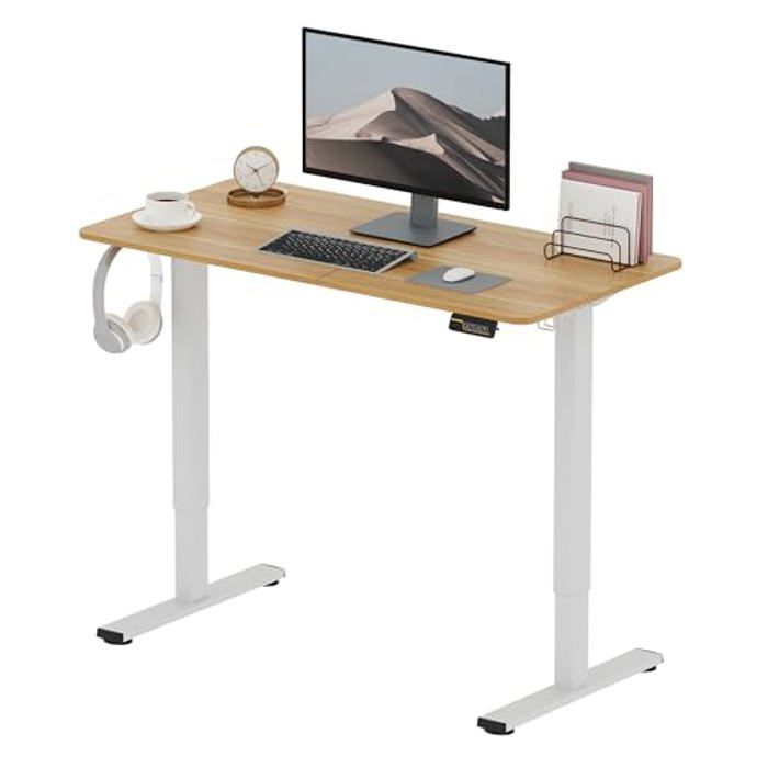 sanodesk bureau assis debout électrique, bureau réglable en hauteur avec crochet et fonction mémoire, plateau érable  120x60cm