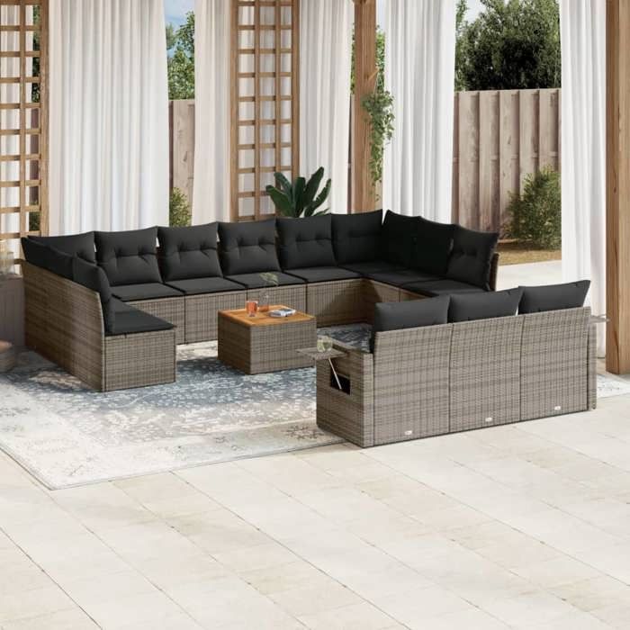 vidaXL Salon de Jardin avec Coussins 14 pcs Canapés de Terrasse Ensemble de Meubles de Patio Mobilier dExtérieur Gris 3224807
