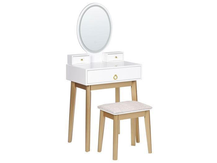 Coiffeuse blanc et doré avec miroir à LED et tabouret ROSEY Coiffeuse blanc et doré avec miroir à LED et tabouret ROSEY
