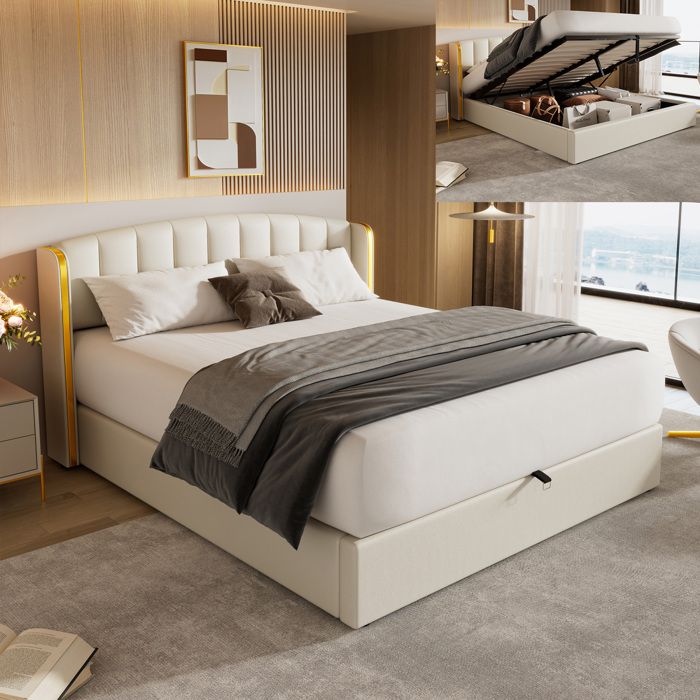 lit coffre rembourré 140x200 cm, design à oreilles à bords dorés, avec lit sommier à lattes, similicuir, crème