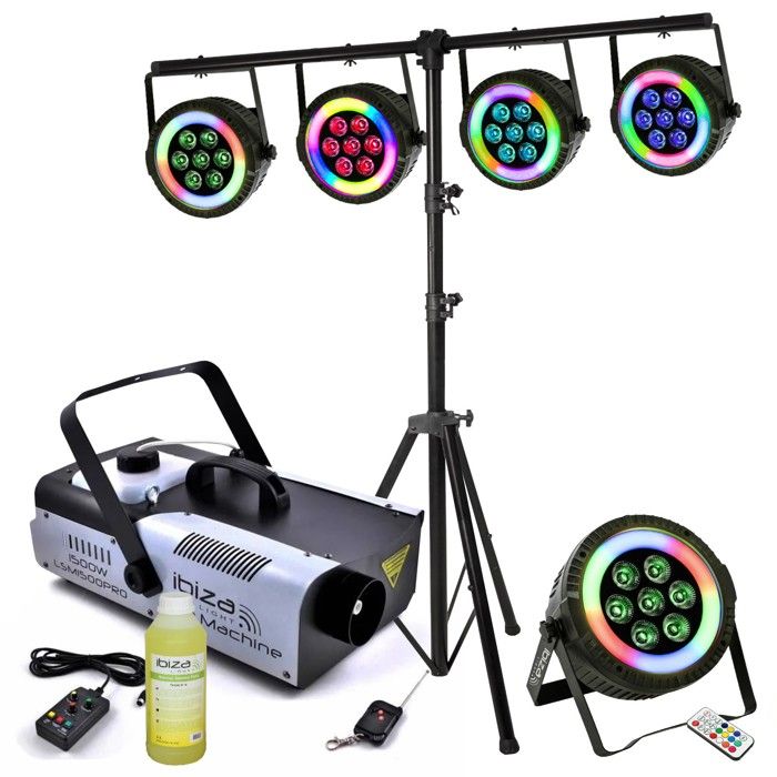 Pack Lumière Et Son Pour Soirée - 4 Projecteurs PAR Sur Support, Machine à Fumée + Liquide, 3 Effets Lumineux (strobos, Derby, Astro) - Pour Mariage, Fête, DJ - 3