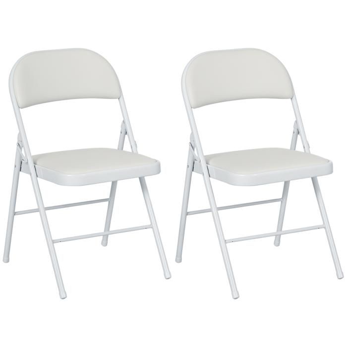 Lot de 2 chaises pliantes HOMCOM chaises de salle à manger portables avec coussin en revêtement synthétique et cadre en acier blanc