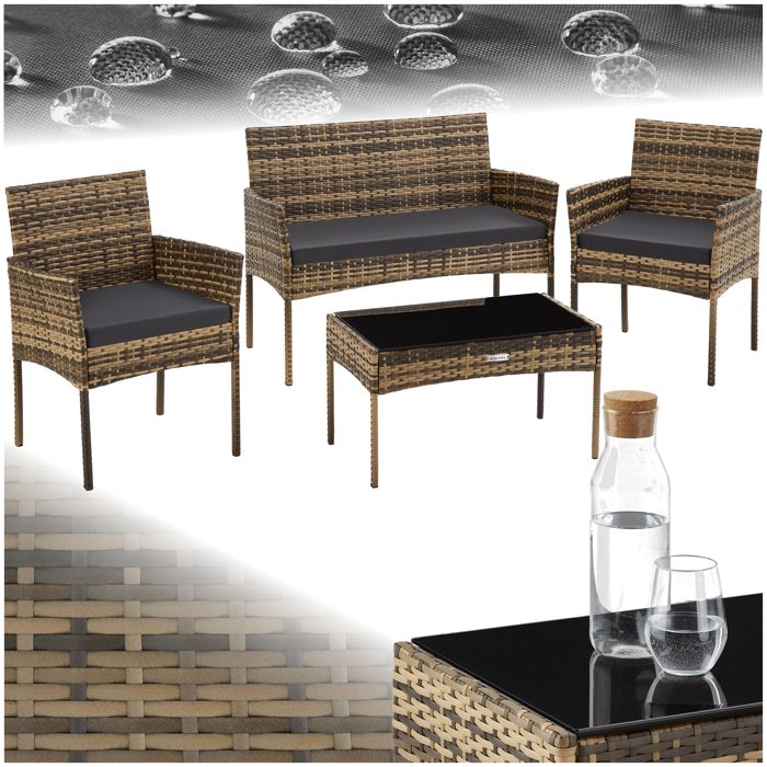 Salon de jardin - TECTAKE - Ensemble détente dextérieur PALESE 4 places résine tressée 2 fauteuils 1 canapé table - Marron Naturel